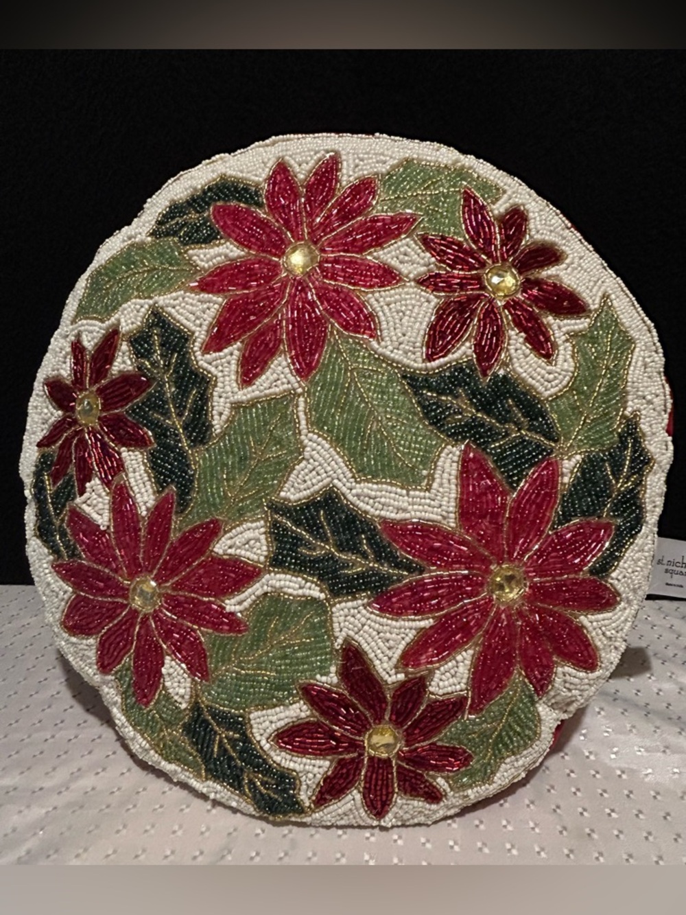Fully Beaded Christmas Poinsettia Accent Pillow St Nicholas Square Decoration
